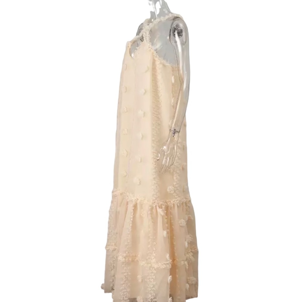 Waterfall Appliqué Flowers Tie Strap Loose Long Halter Ruffle Dress - Picture 6 of 11